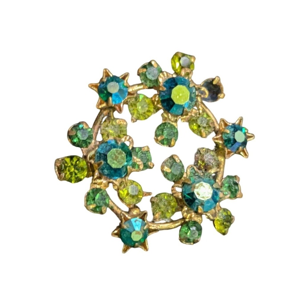 Vintage Austria Crystal Wreath Brooch‎ Blue Green Rhinestone Gold Tone Pin
